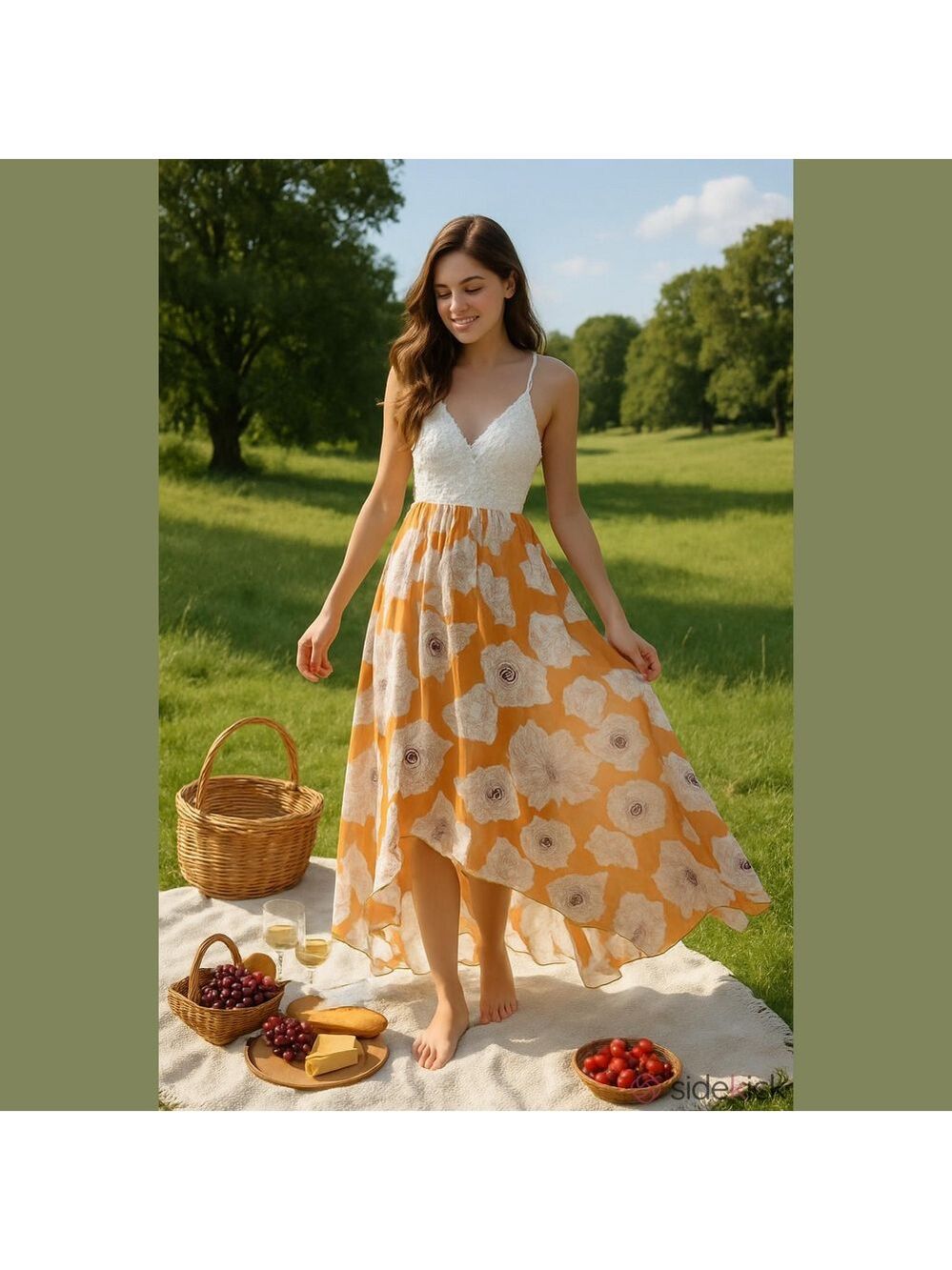 PatPat High Low Orange Floral Maxi Dress White Lace Bodice Boho Summer L